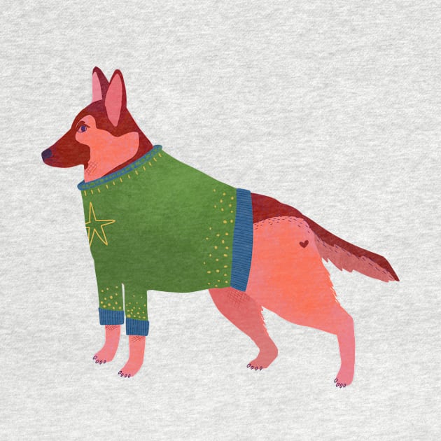 German Shepherd in a fancy, festive sweater by Kathy Osborne Studio